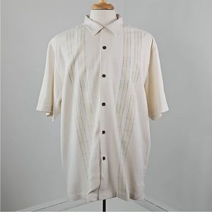Tommy Bahama Textured Silk Embroidered Ivory Button Up Short Sleeve Shirt Large